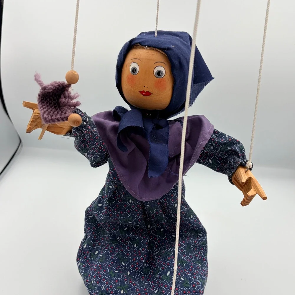 Vintage Marionette Puppet Folk Art Doll Blue‎ Floral Dress Wood Face